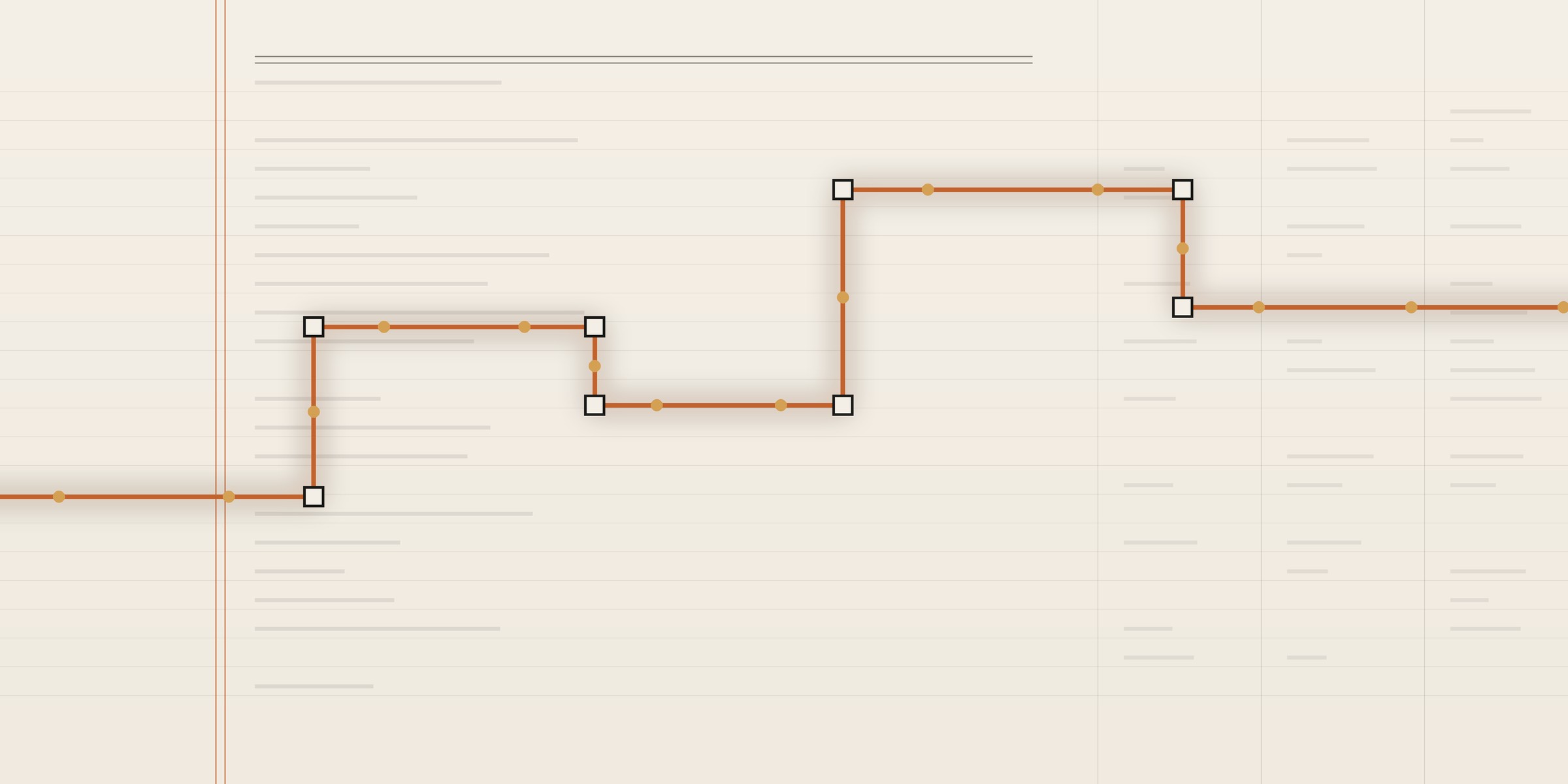 Abstract ledger with a copper payment rail crossing ruled columns, in cream, ink, copper and amber